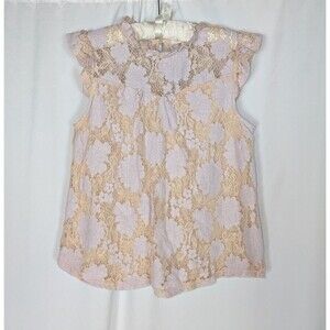 monteau Blouse L Women's Floral Lace Ruffle Cap Sleeve Sheer Sweetheart Neck